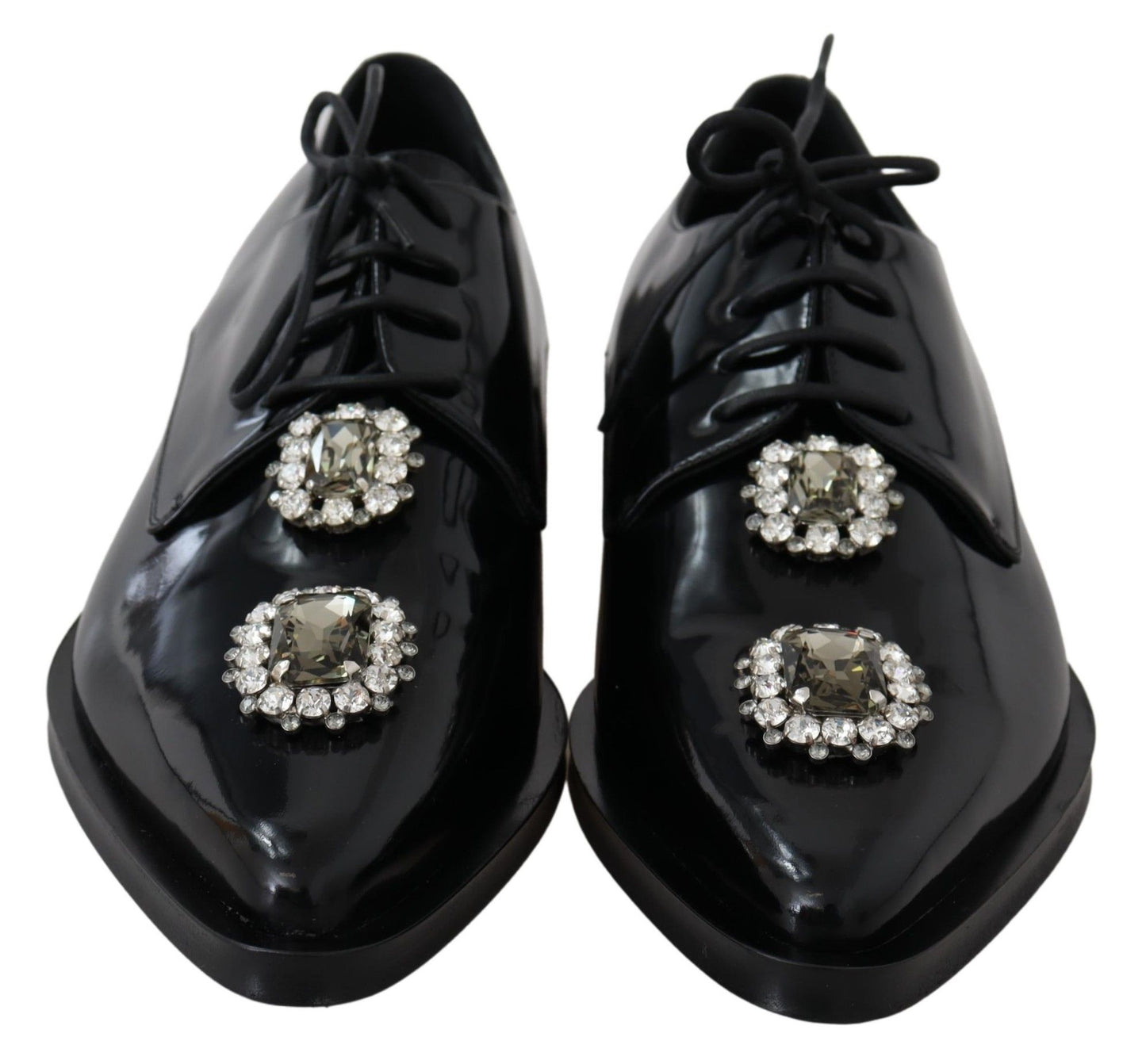 Dolce &amp; Gabbana Black Leather Crystal Lace Up Formal Shoes