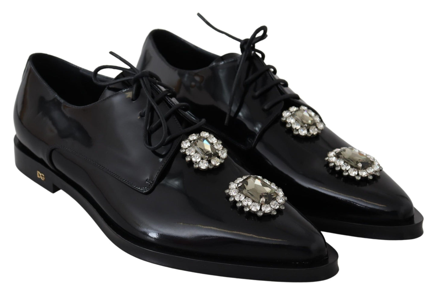 Dolce &amp; Gabbana Black Leather Crystal Lace Up Formal Shoes