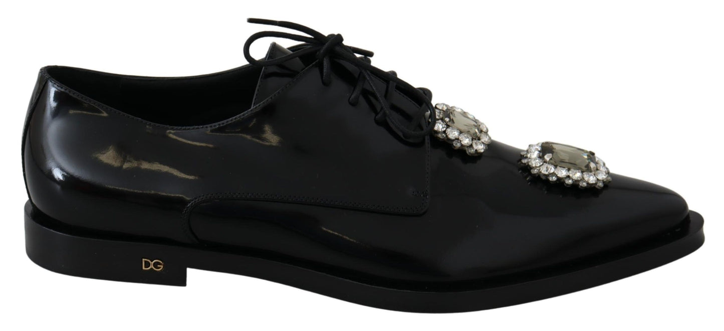 Dolce &amp; Gabbana Black Leather Crystal Lace Up Formal Shoes