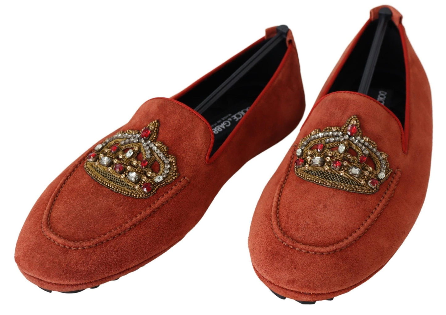 Dolce &amp; Gabbana Orange Leather Crystal Crown Loafers Shoes