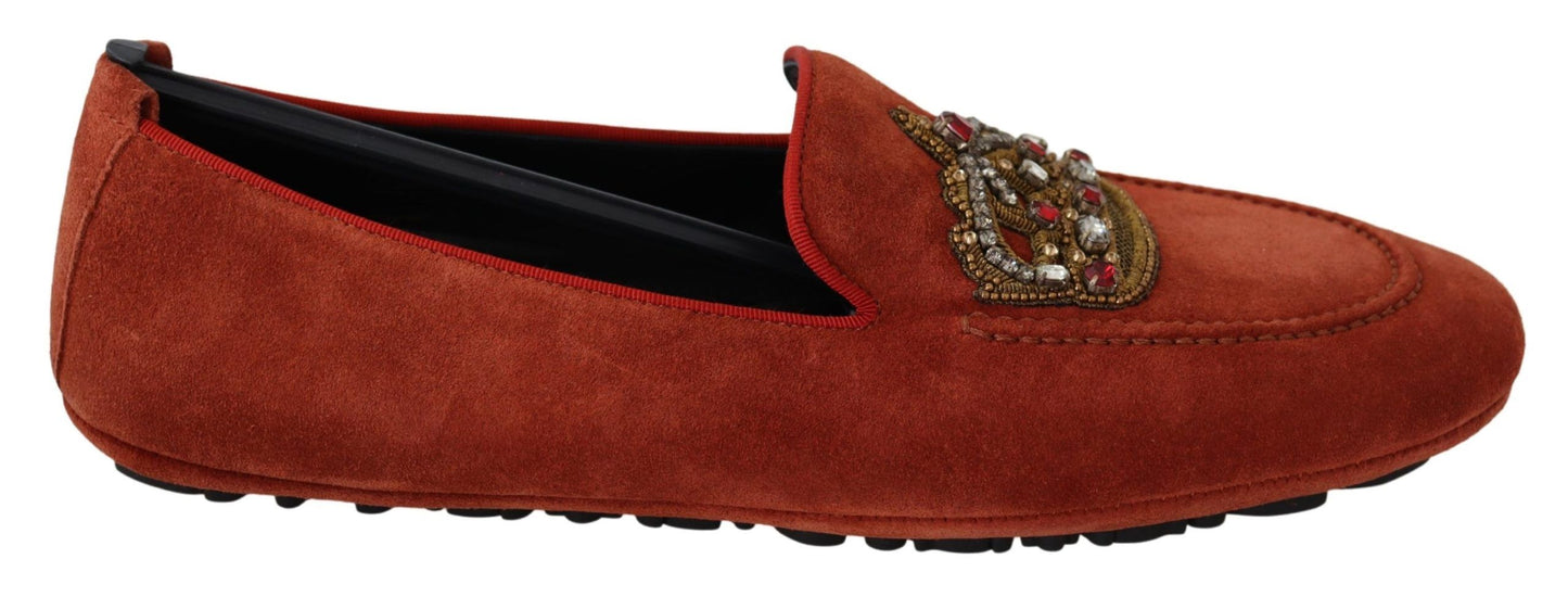 Dolce &amp; Gabbana Orange Leather Crystal Crown Loafers Shoes