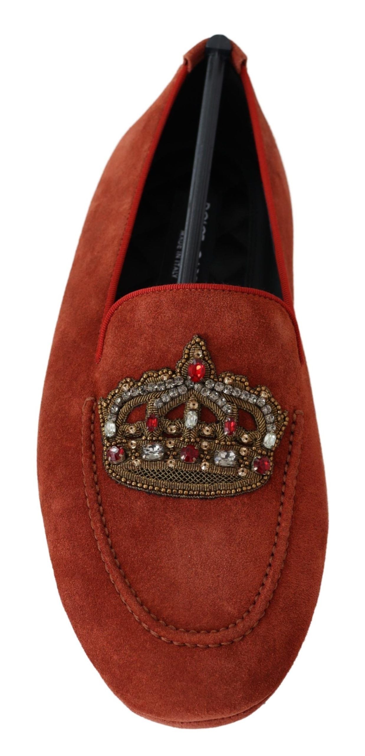 Dolce &amp; Gabbana Orange Leather Crystal Crown Loafers Shoes