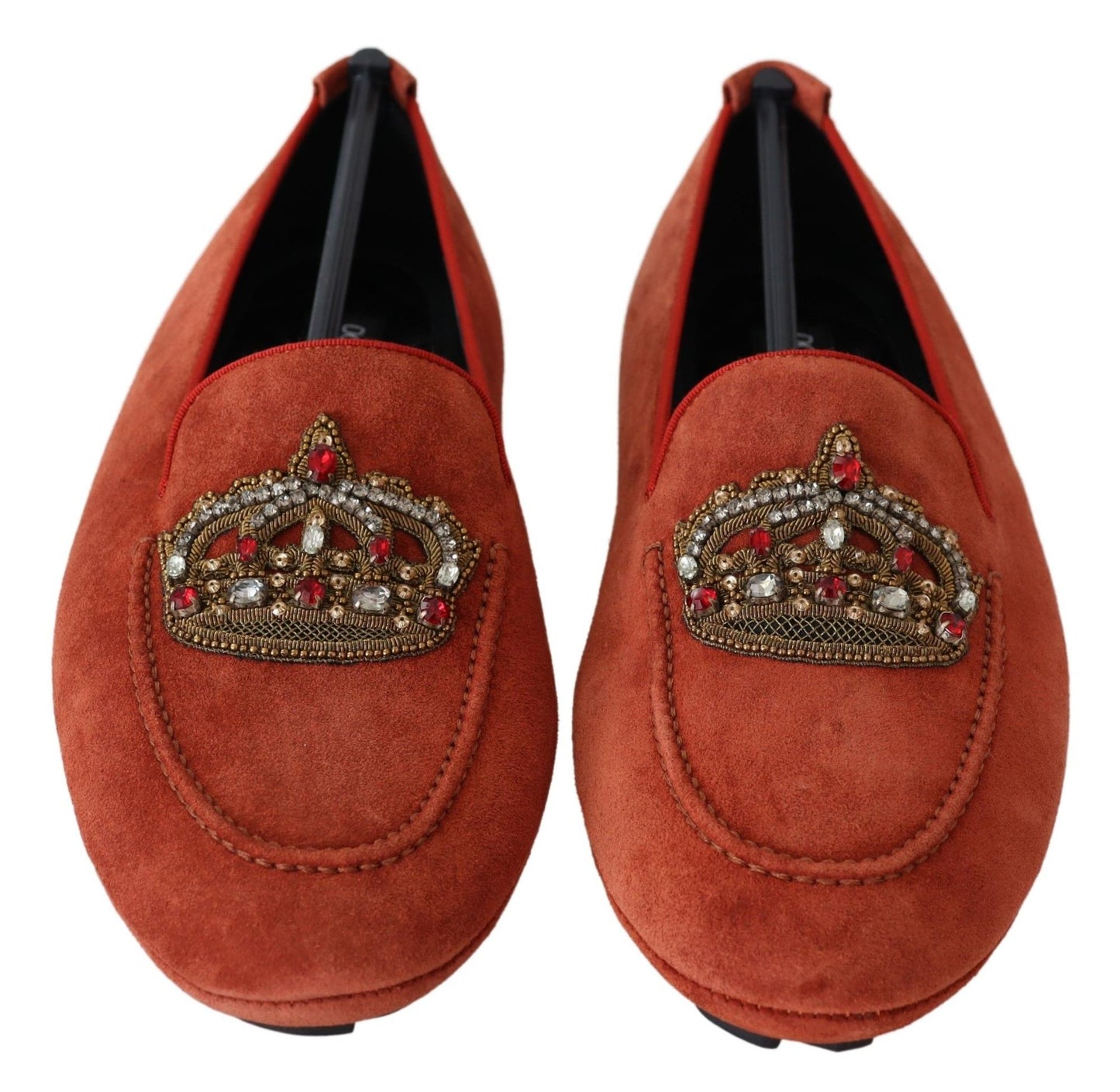 Dolce &amp; Gabbana Orange Leather Crystal Crown Loafers Shoes