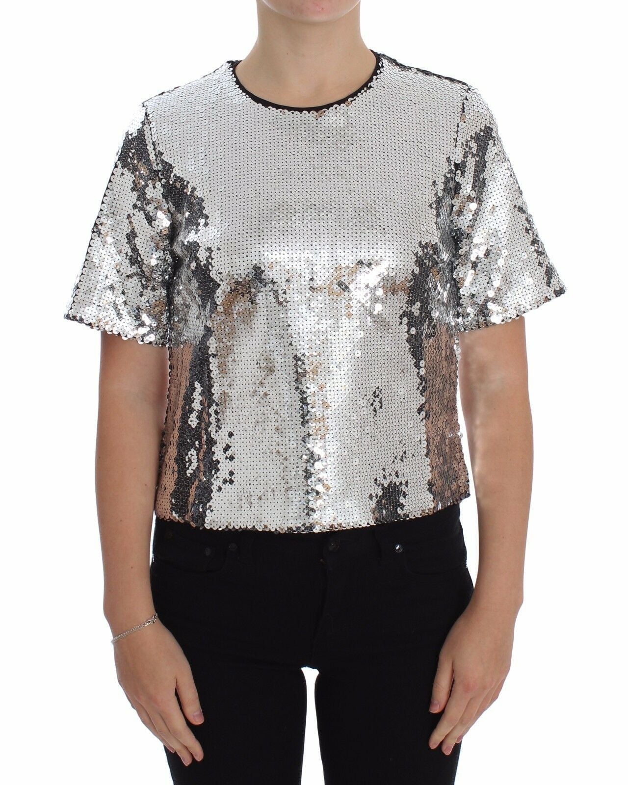 Dolce &amp; Gabbana Silver Sequined Crewneck Blouse T-shirt Top