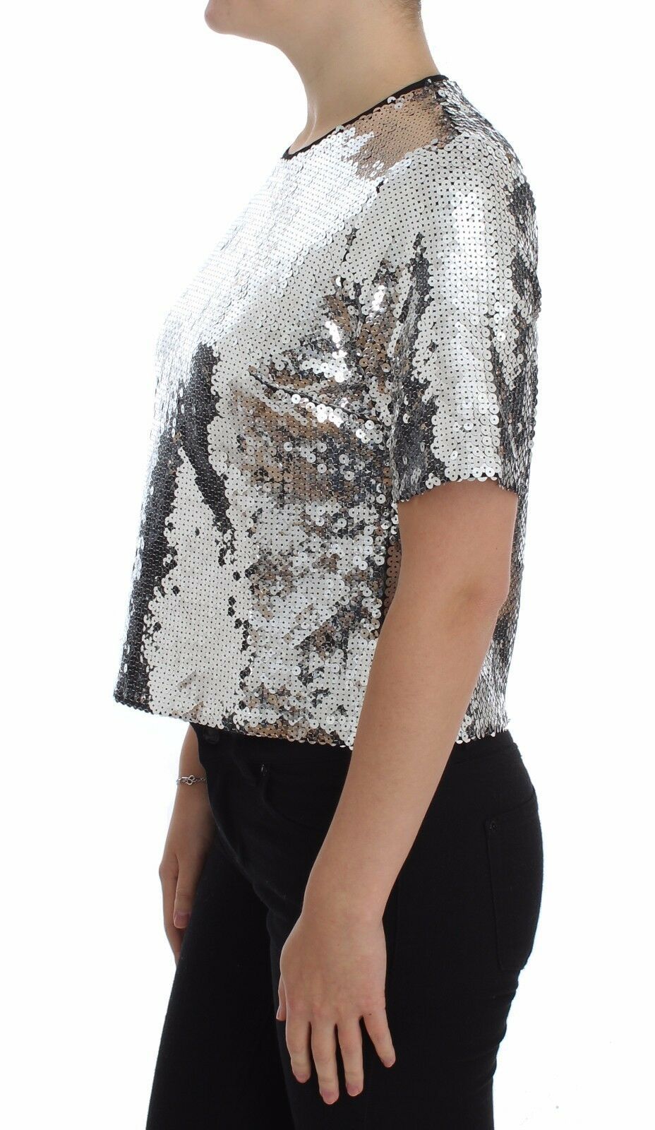 Dolce &amp; Gabbana Silver Sequined Crewneck Blouse T-shirt Top