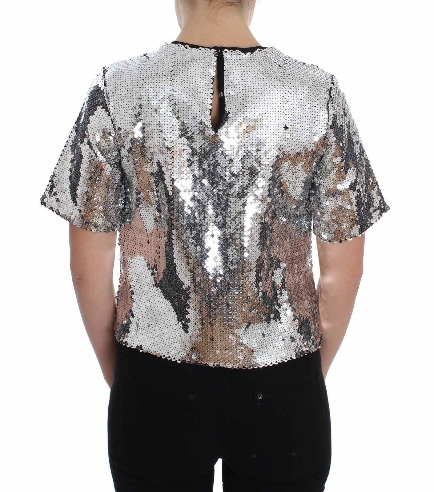 Dolce &amp; Gabbana Silver Sequined Crewneck Blouse T-shirt Top