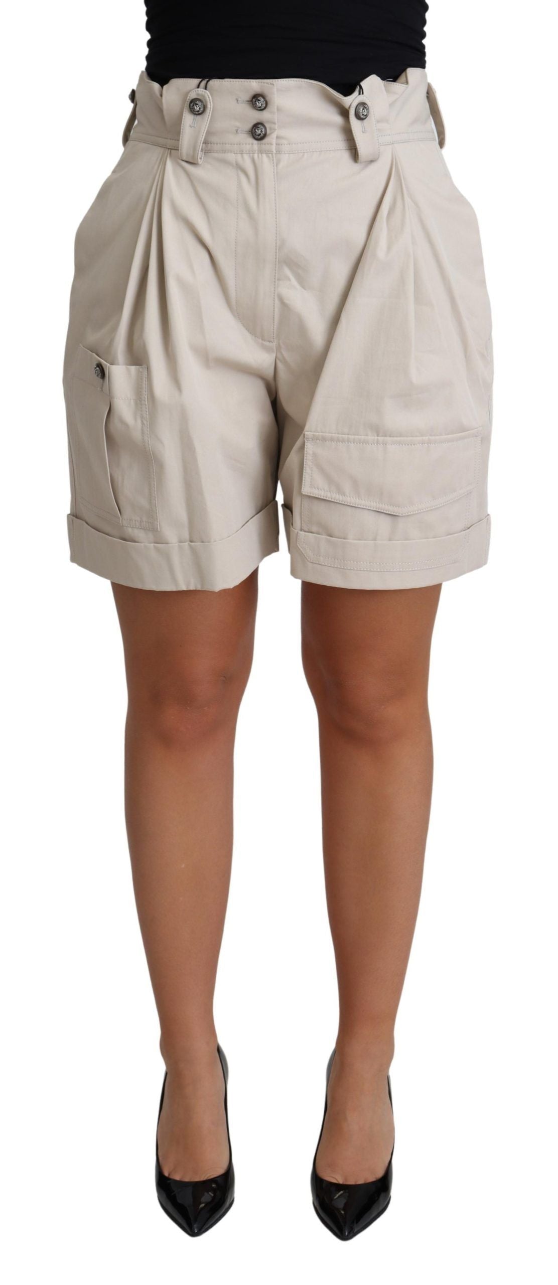 Dolce &amp; Gabbana Beige Cotton Pleated High Waist Casual Shorts