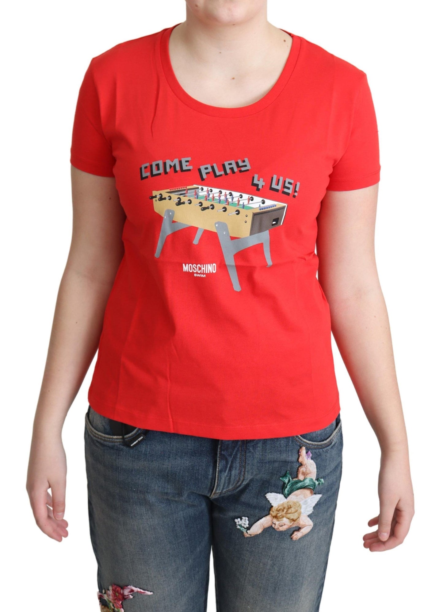 Moschino Red Cotton Come Play 4 Us Print Tops Bluse T-Shirt