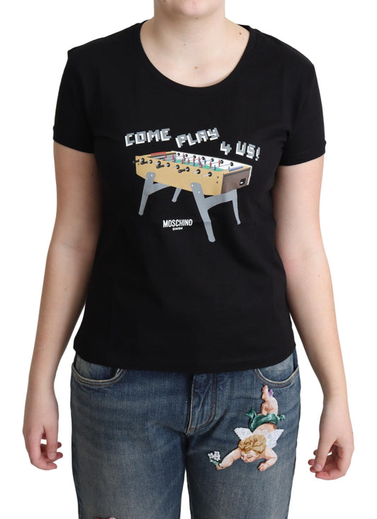 Schwarzes T-Shirt mit „Come Play 4 Us“-Print von Moschino aus Baumwolle