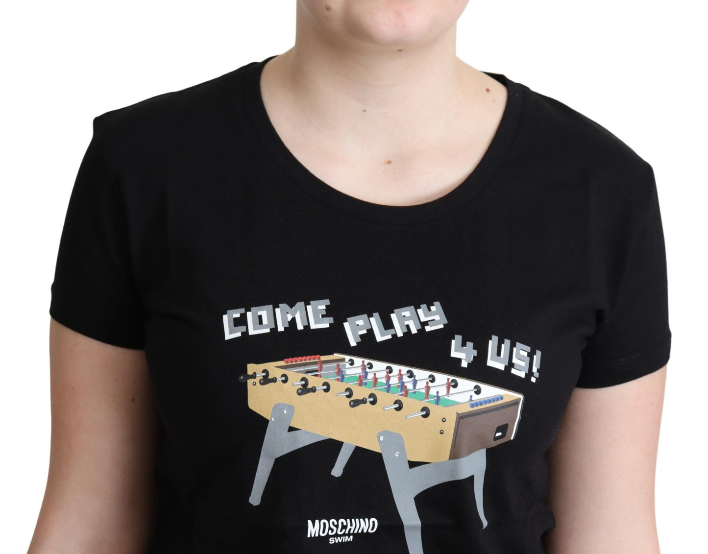 Schwarzes T-Shirt mit „Come Play 4 Us“-Print von Moschino aus Baumwolle