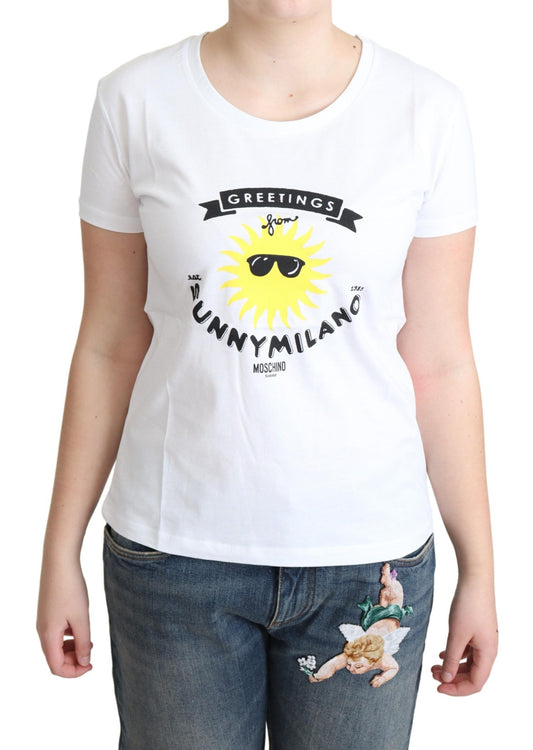 Moschino T-Shirt mit Sunny Milano-Print aus weißer Baumwolle