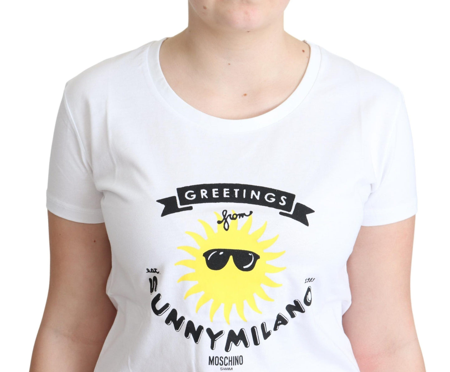 Moschino T-Shirt mit Sunny Milano-Print aus weißer Baumwolle