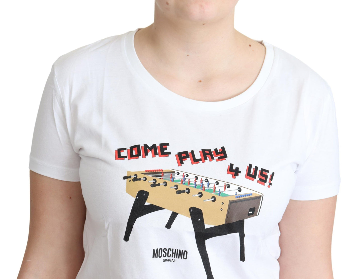 Weißes Baumwoll-T-Shirt mit „Come Play 4 Us“-Print von Moschino