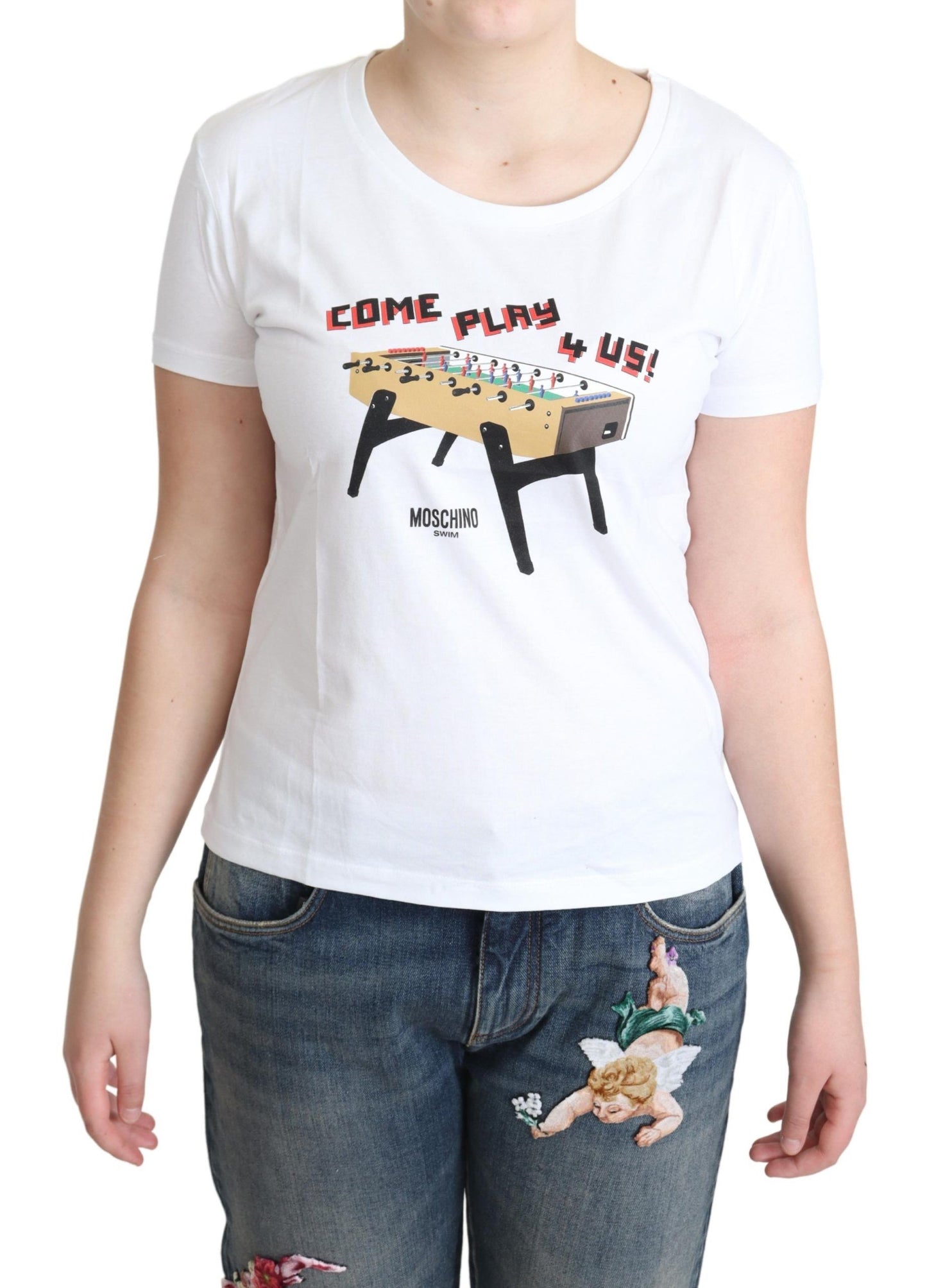 Weißes Baumwoll-T-Shirt mit „Come Play 4 Us“-Print von Moschino