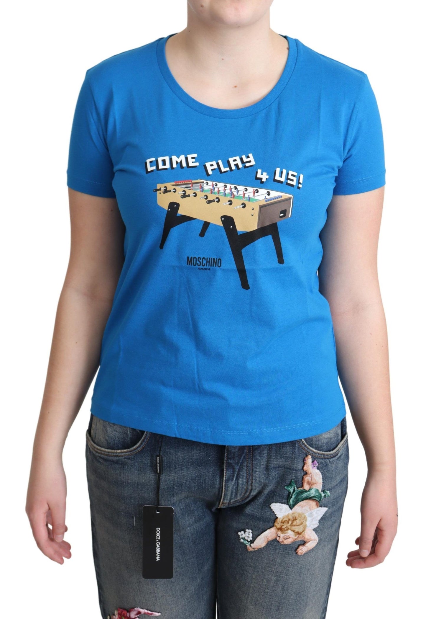 Blaues T-Shirt mit „Come Play 4 Us“-Aufdruck aus Baumwolle von Moschino