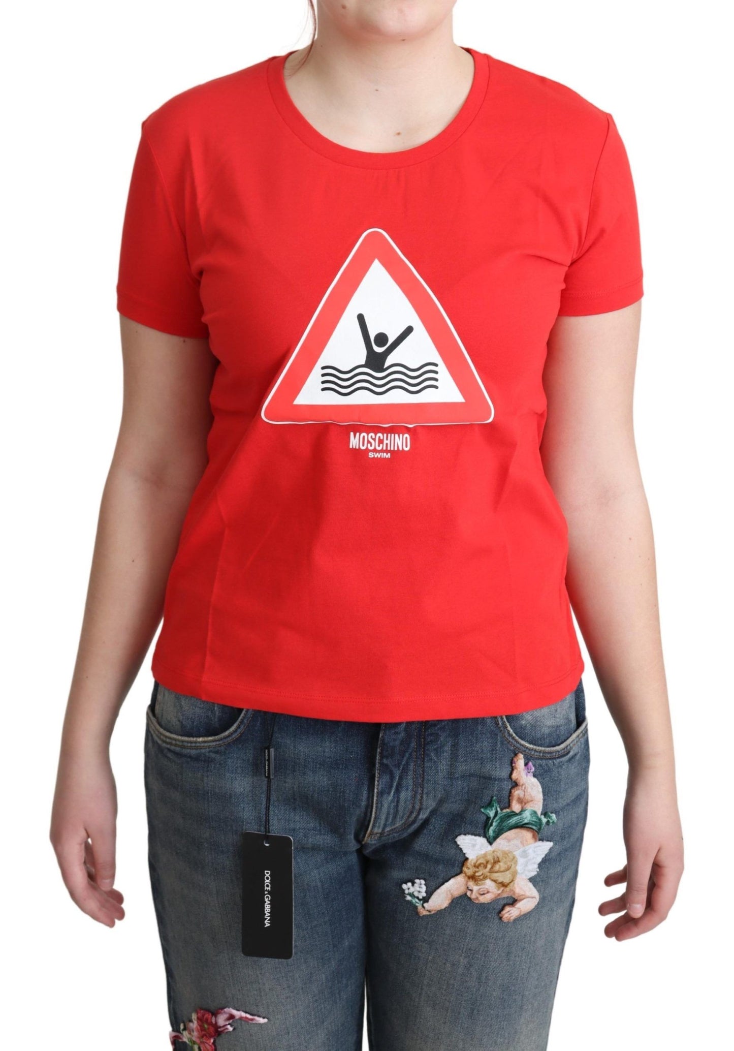 Moschino Red Cotton Swim Graphic Triangle Print T-shirt