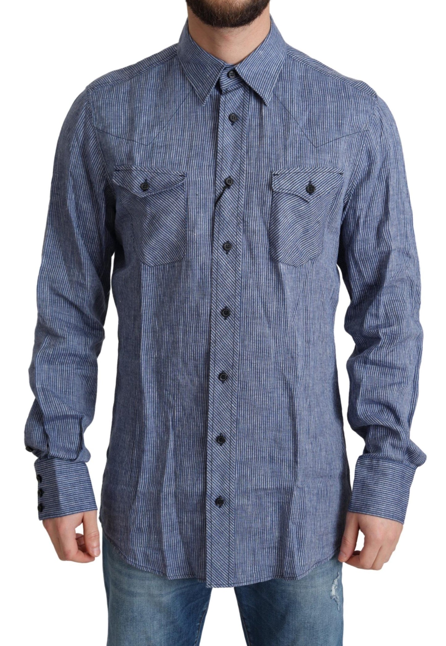 Dolce &amp; Gabbana Blau gestreiftes Herren-Freizeit-Button-Down-Hemd