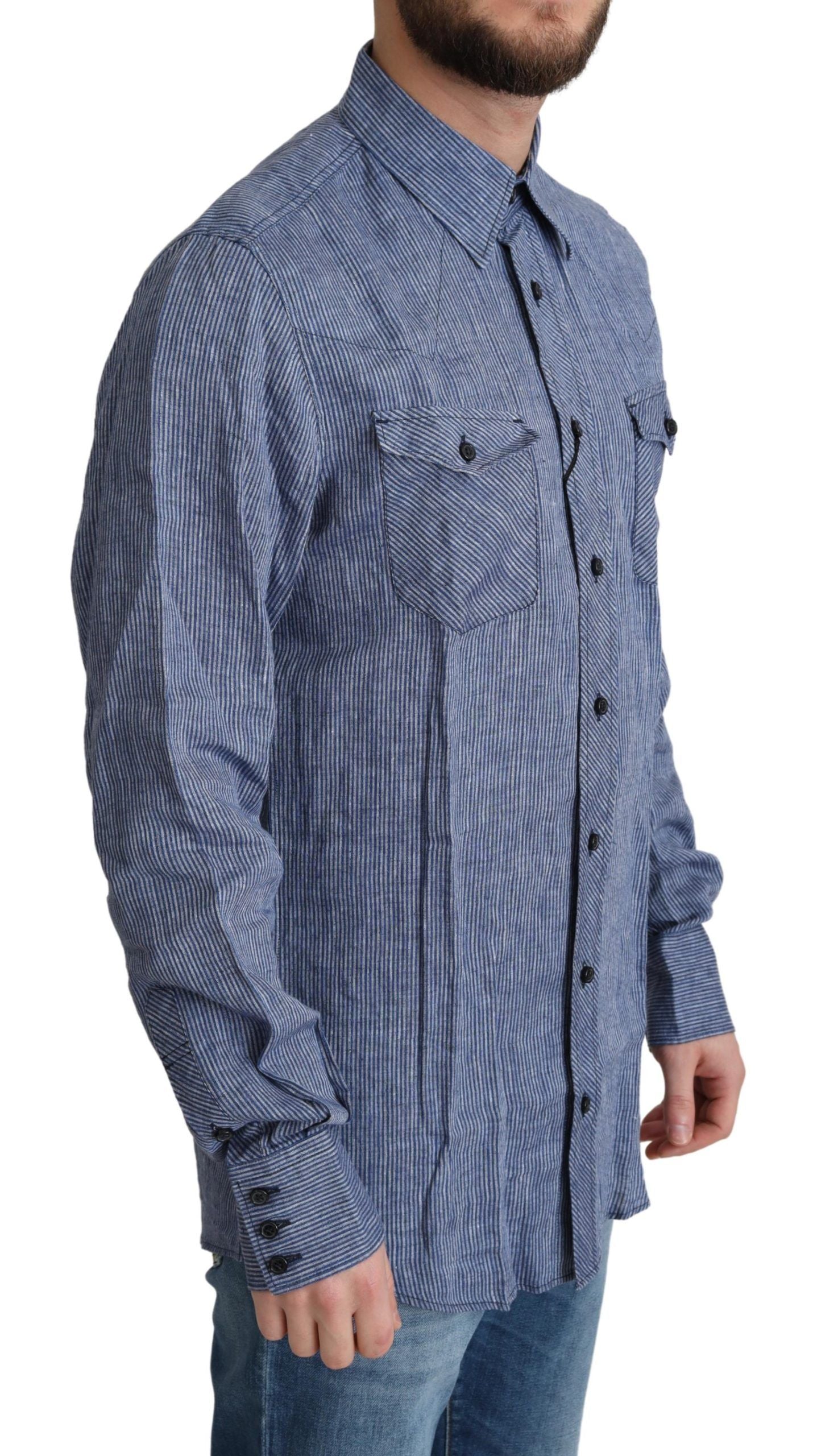 Dolce &amp; Gabbana Blue Stripes Men Casual Button Down Shirt