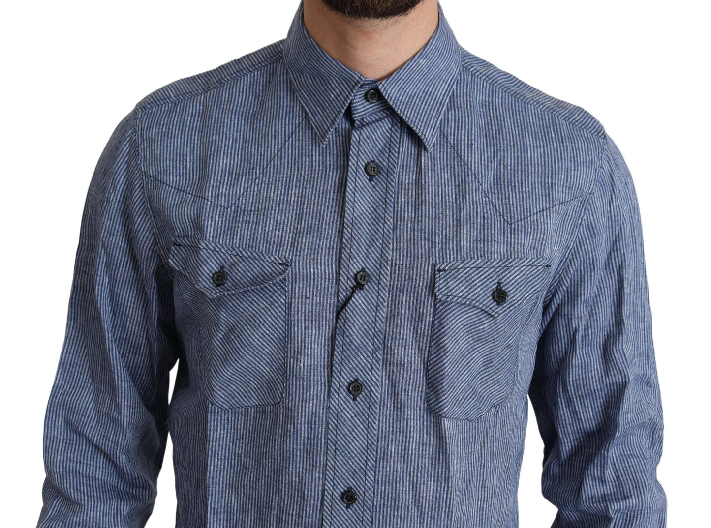 Dolce &amp; Gabbana Blau gestreiftes Herren-Freizeit-Button-Down-Hemd