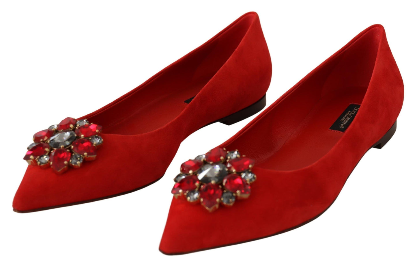 Dolce &amp; Gabbana Red Suede Crystals Loafers Flats Shoes