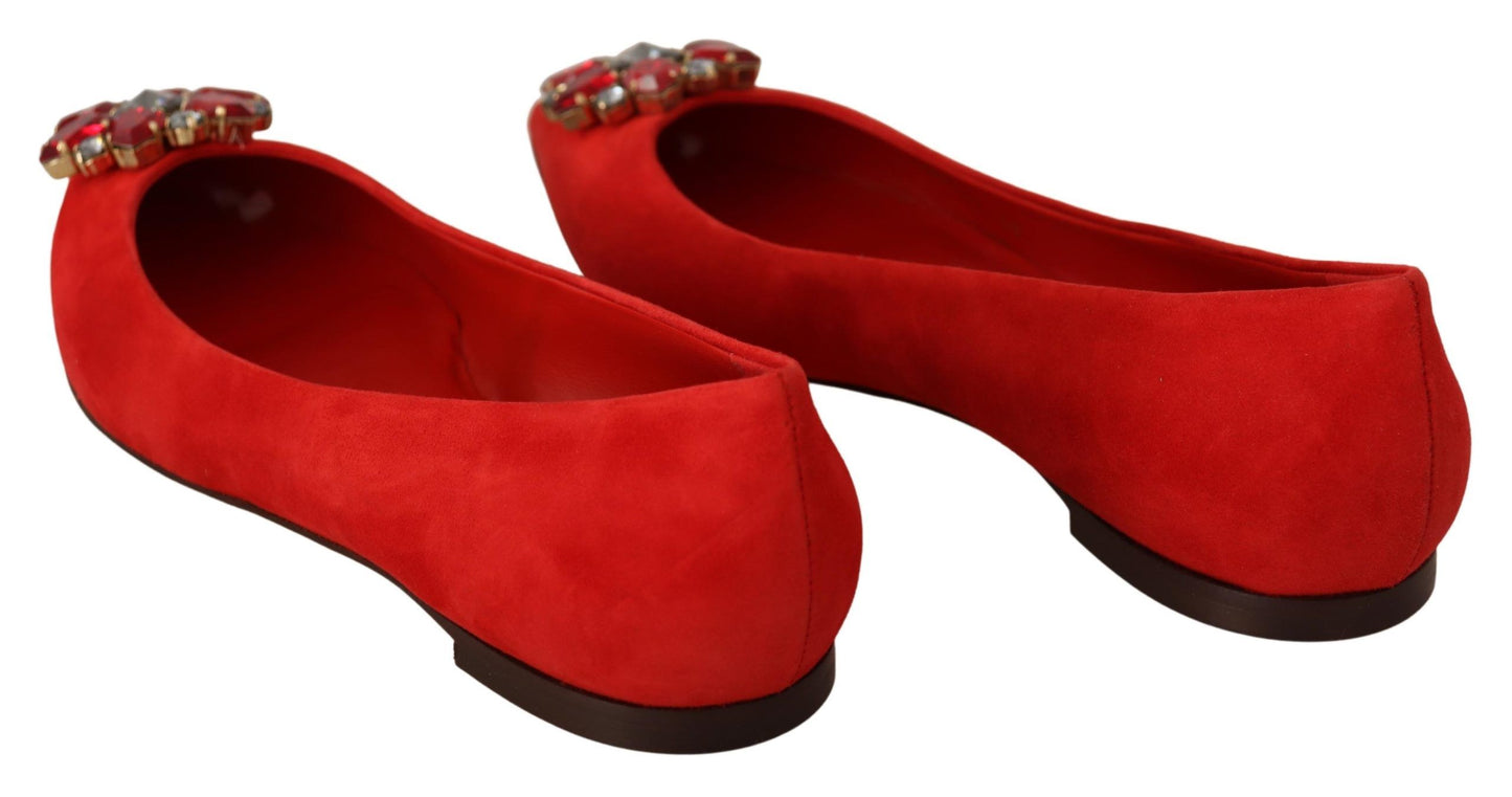 Dolce &amp; Gabbana Red Suede Crystals Loafers Flats Shoes