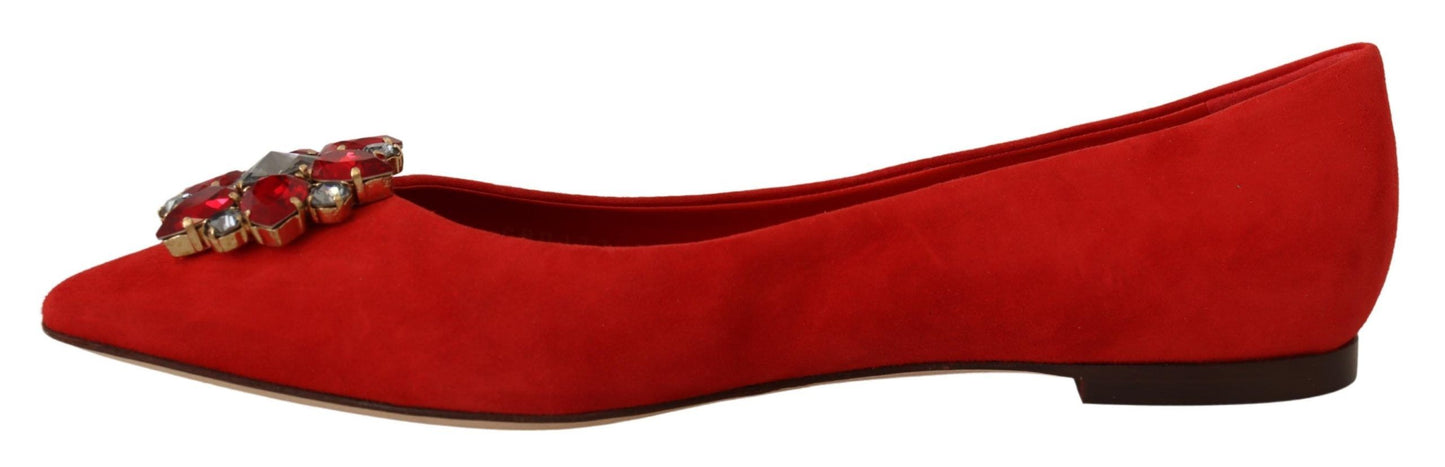 Dolce &amp; Gabbana Red Suede Crystals Loafers Flats Shoes