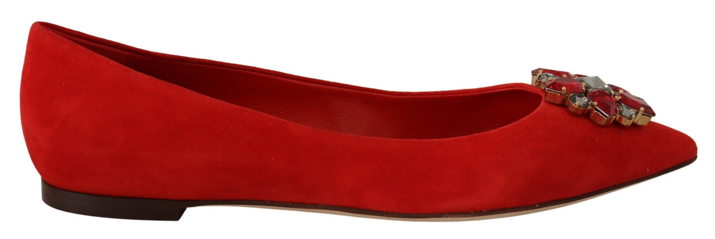 Dolce &amp; Gabbana Red Suede Crystals Loafers Flats Shoes