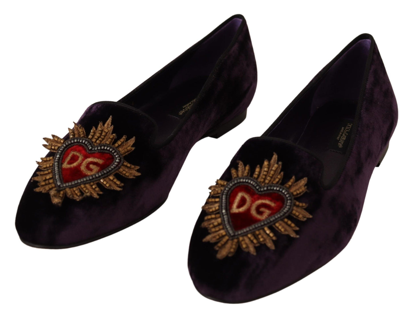 Dolce &amp; Gabbana Purple Velvet DG Heart Loafers Flats Shoes