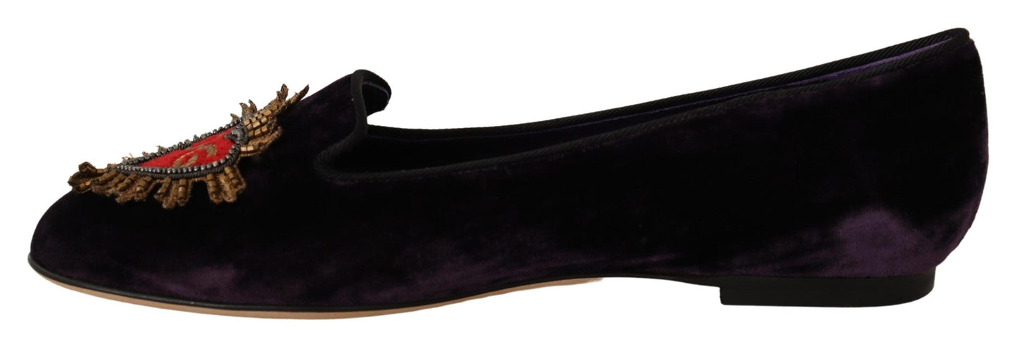 Dolce &amp; Gabbana Purple Velvet DG Heart Loafers Flats Shoes