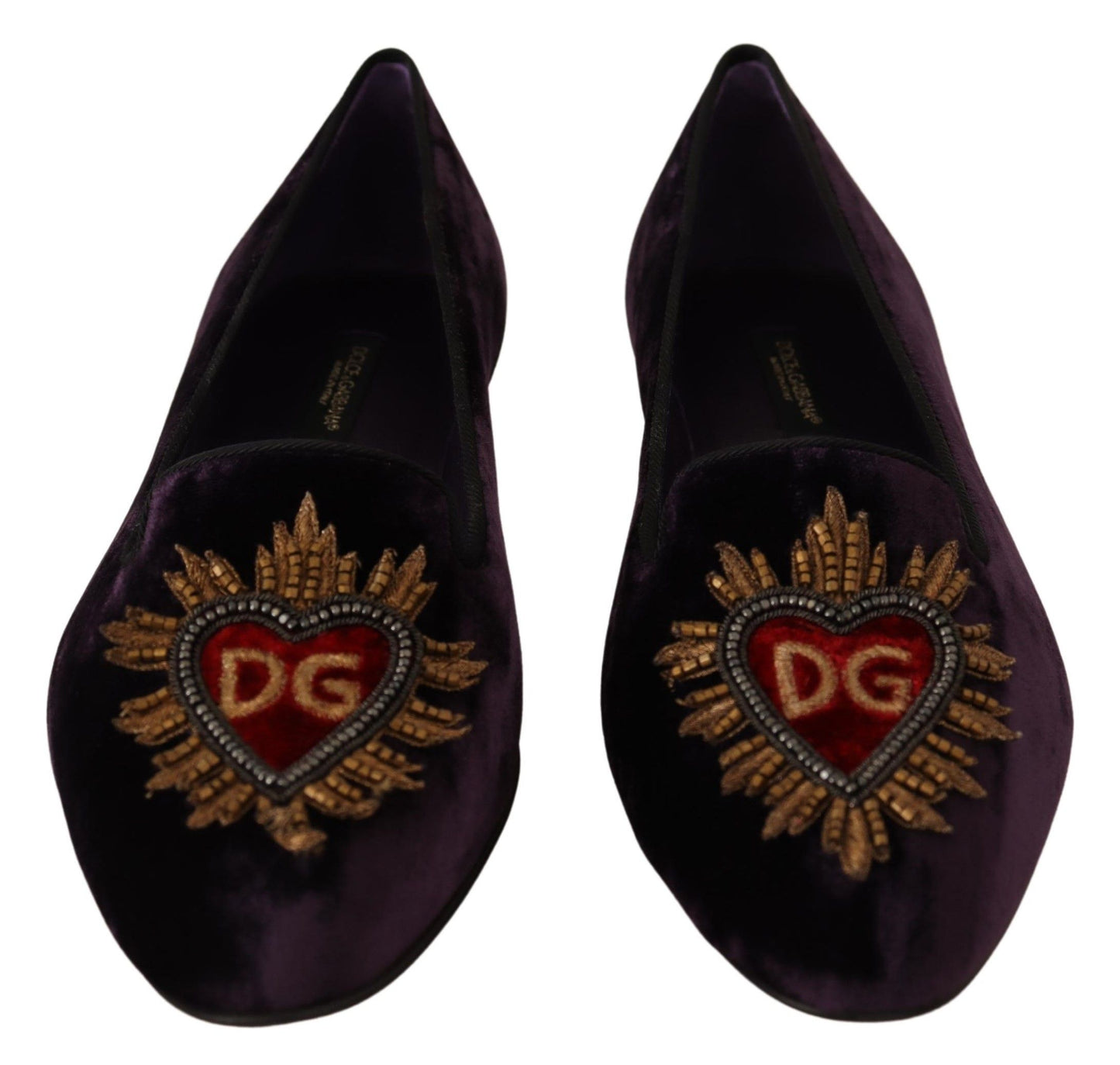 Dolce &amp; Gabbana Purple Velvet DG Heart Loafers Flats Shoes