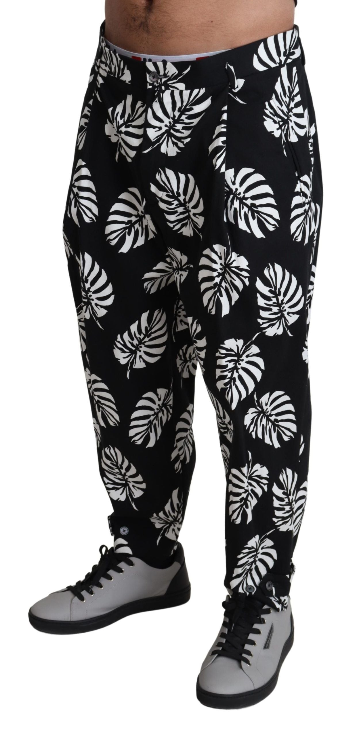 Dolce &amp; Gabbana Black Leaf Cotton Stretch Trouser Pants Pants