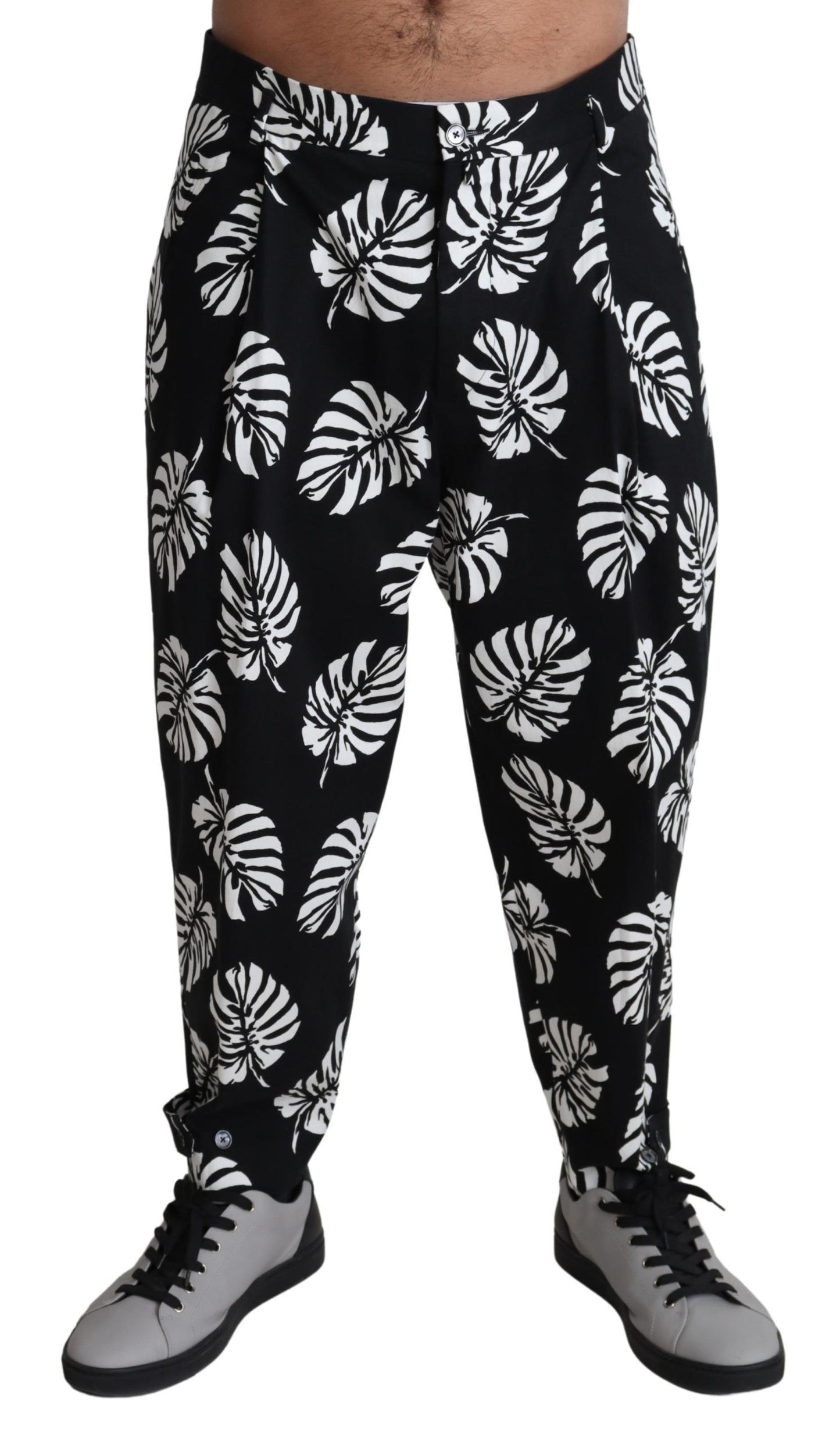 Dolce &amp; Gabbana Black Leaf Cotton Stretch Trouser Pants Pants