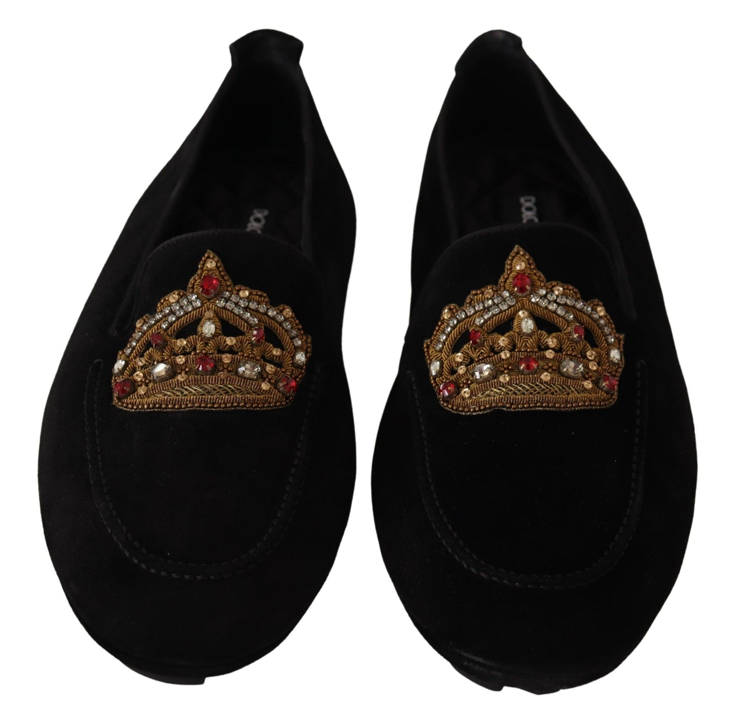 Dolce &amp; Gabbana Black Leather Crystal Gold Crown Loafers Shoes