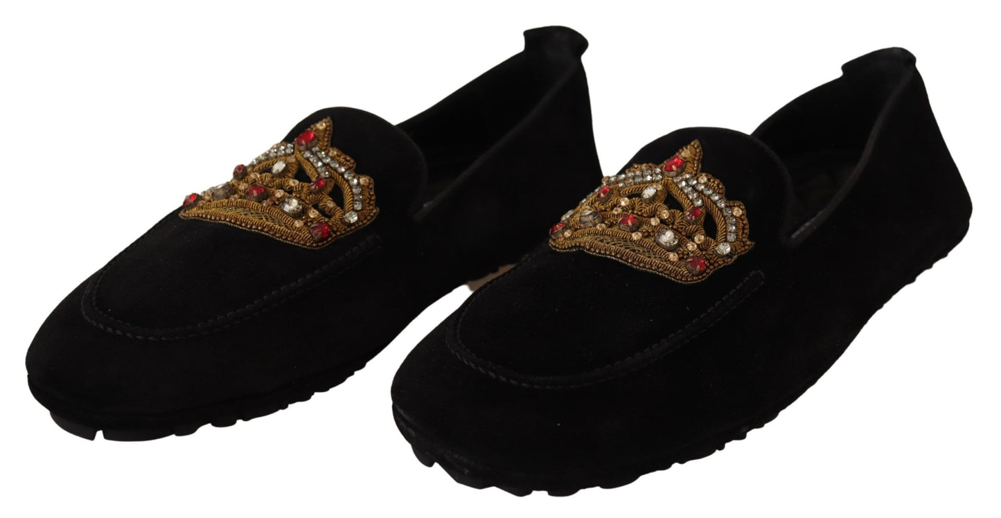 Dolce &amp; Gabbana Black Leather Crystal Gold Crown Loafers Shoes