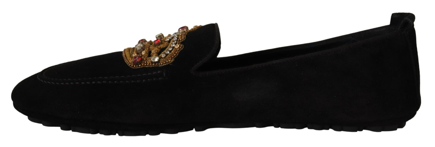 Dolce &amp; Gabbana Black Leather Crystal Gold Crown Loafers Shoes