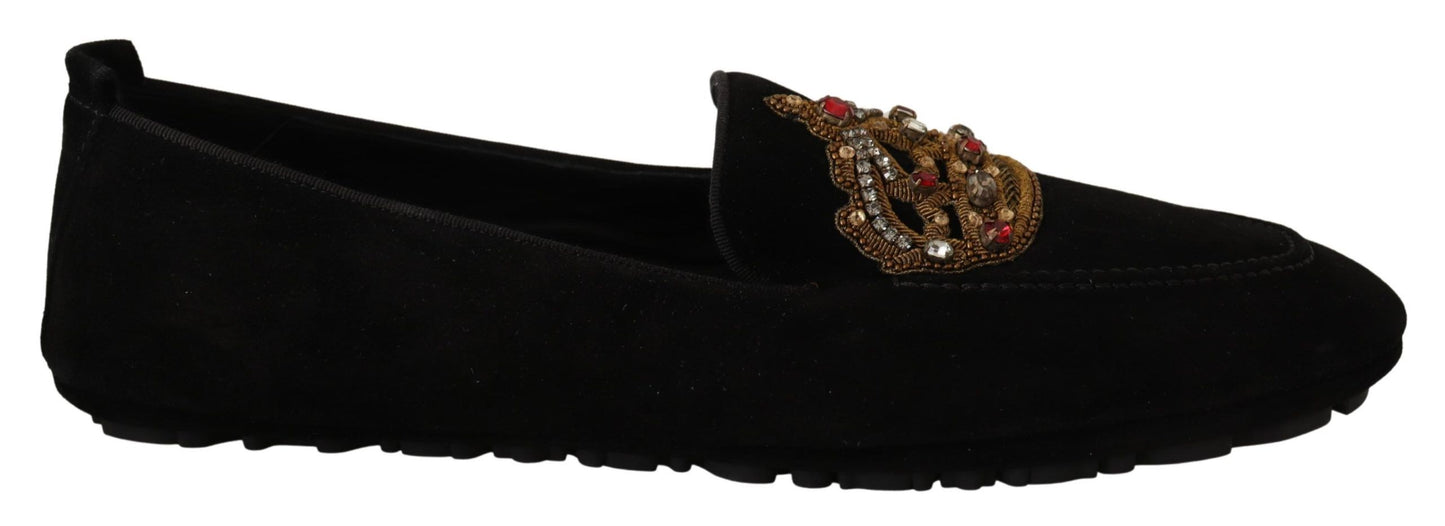 Dolce &amp; Gabbana Black Leather Crystal Gold Crown Loafers Shoes