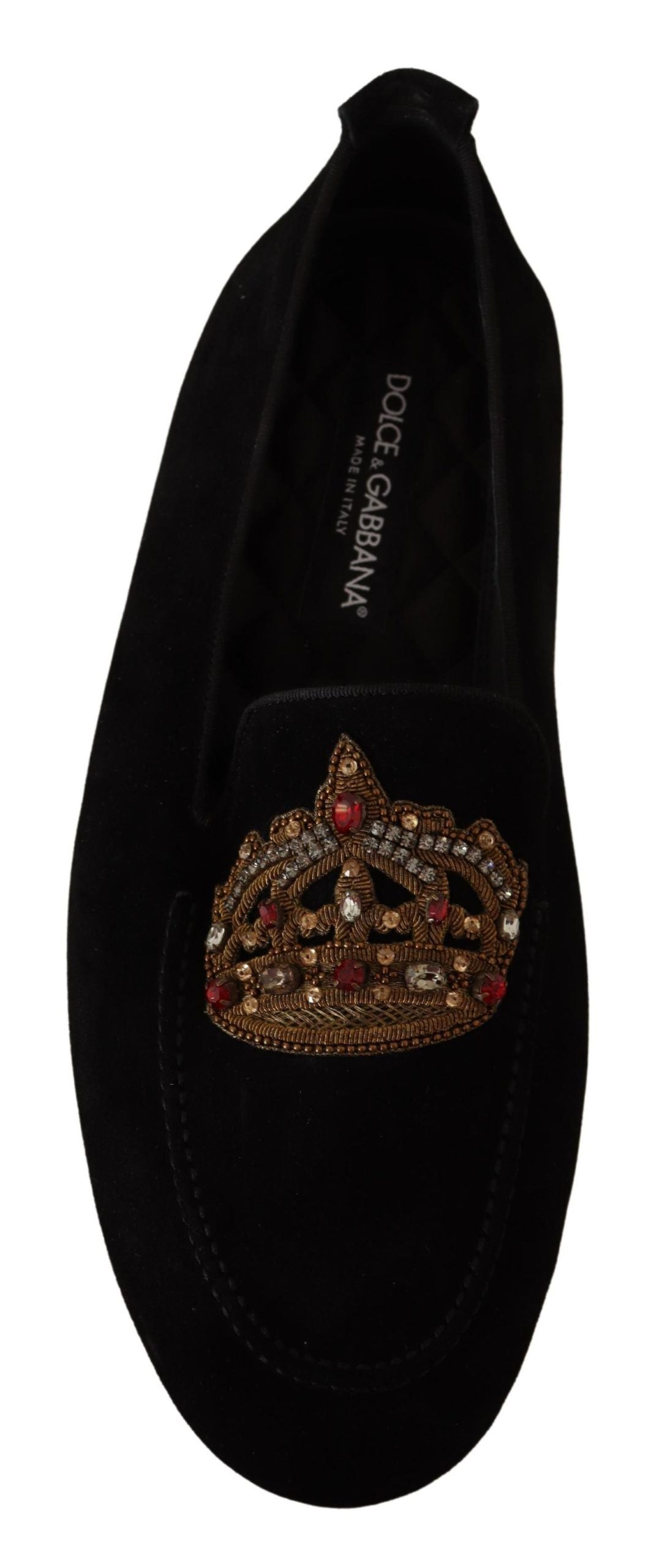 Dolce &amp; Gabbana Black Leather Crystal Gold Crown Loafers Shoes