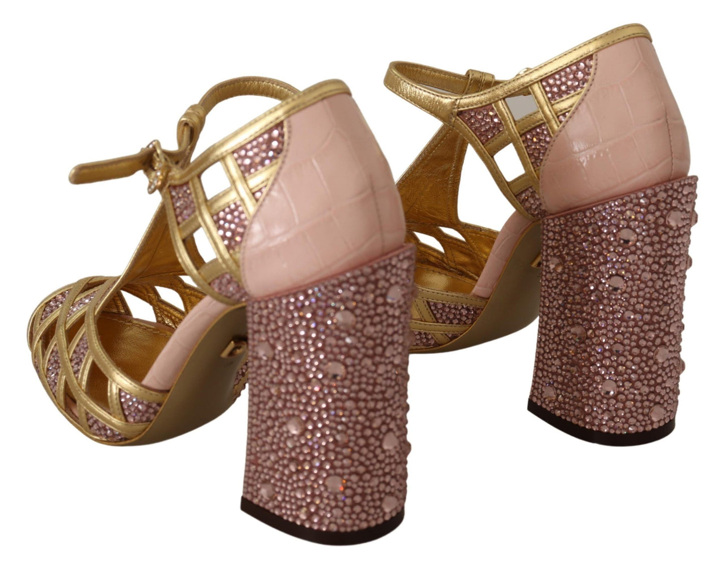 Dolce &amp; Gabbana Pink Gold Leather Crystal Pumps T-strap na Sapatos