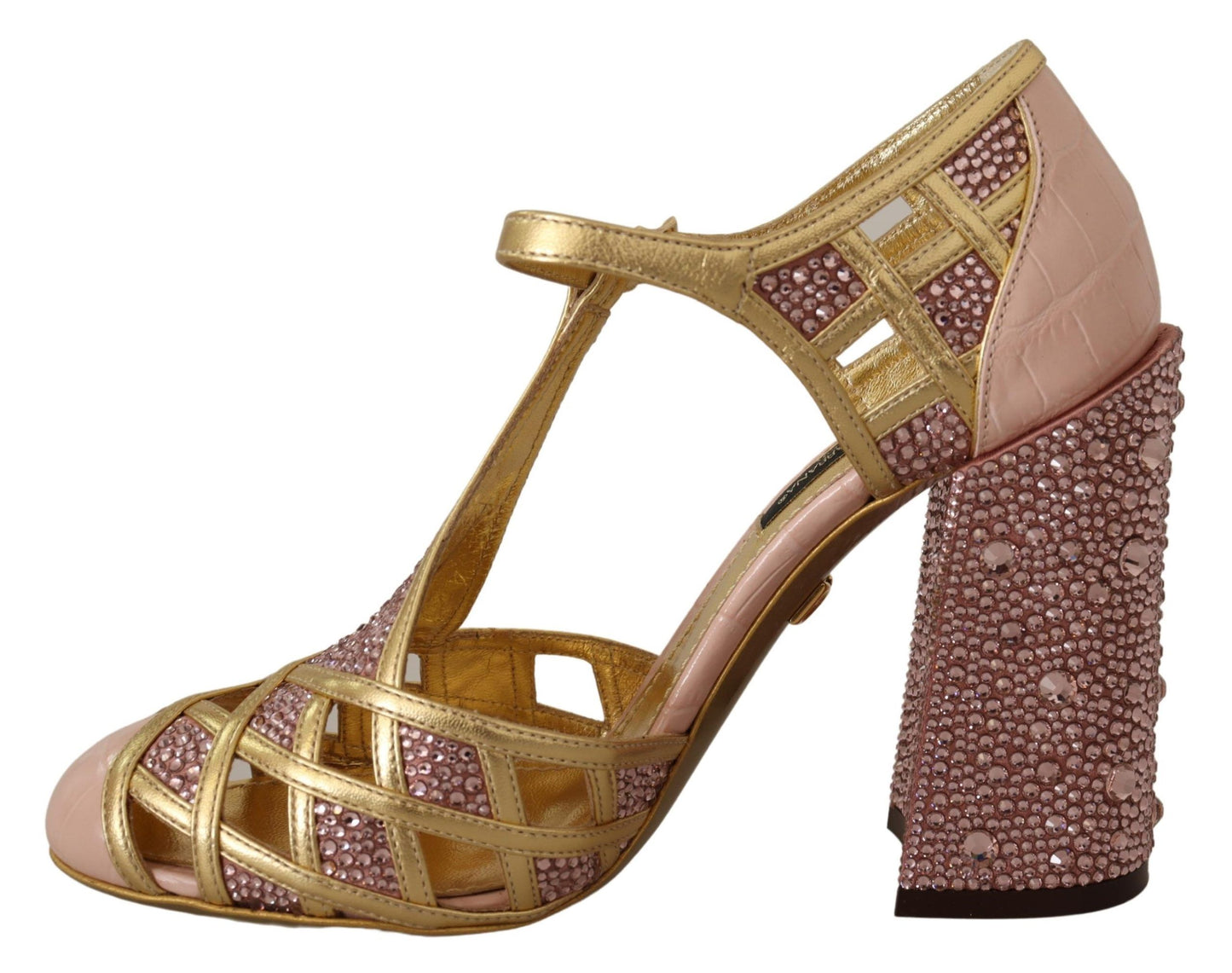 Dolce &amp; Gabbana Pink Gold Leather Crystal Pumps T-strap na Sapatos