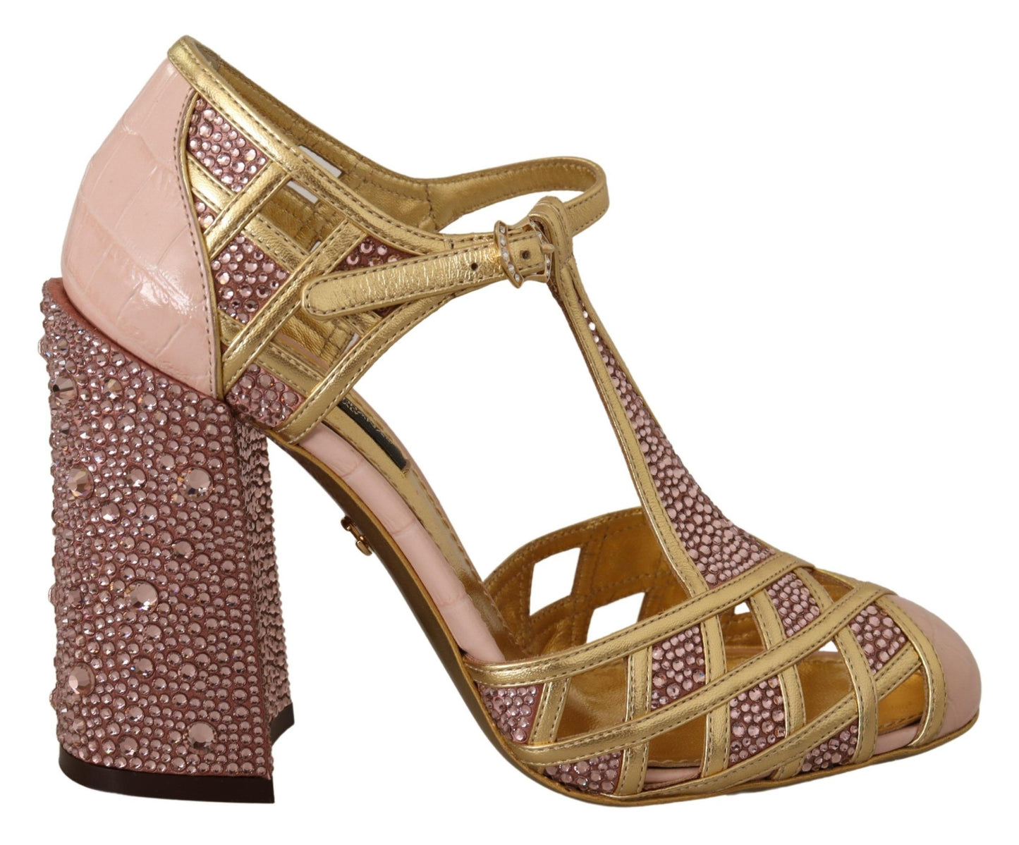 Dolce &amp; Gabbana Pink Gold Leather Crystal Pumps T-strap na Sapatos