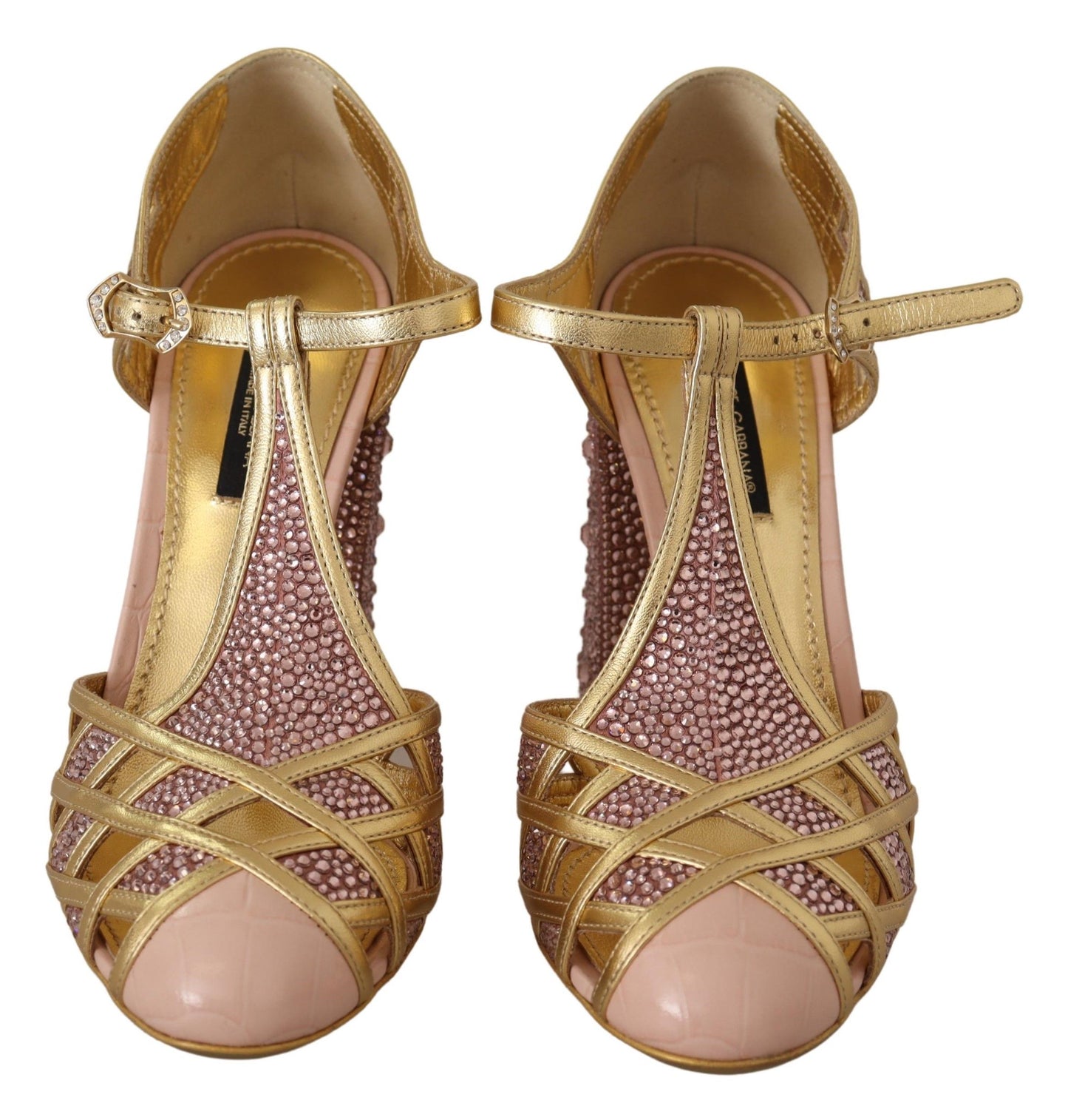 Dolce &amp; Gabbana Pink Gold Leather Crystal Pumps T-strap na Sapatos