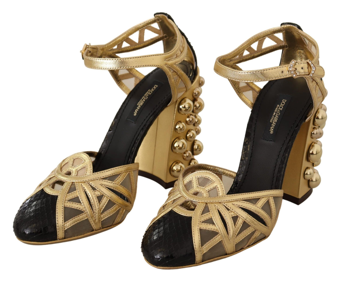 Dolce &amp; Gabbana Black Gold Leather Studded Ankle Straps Shoes