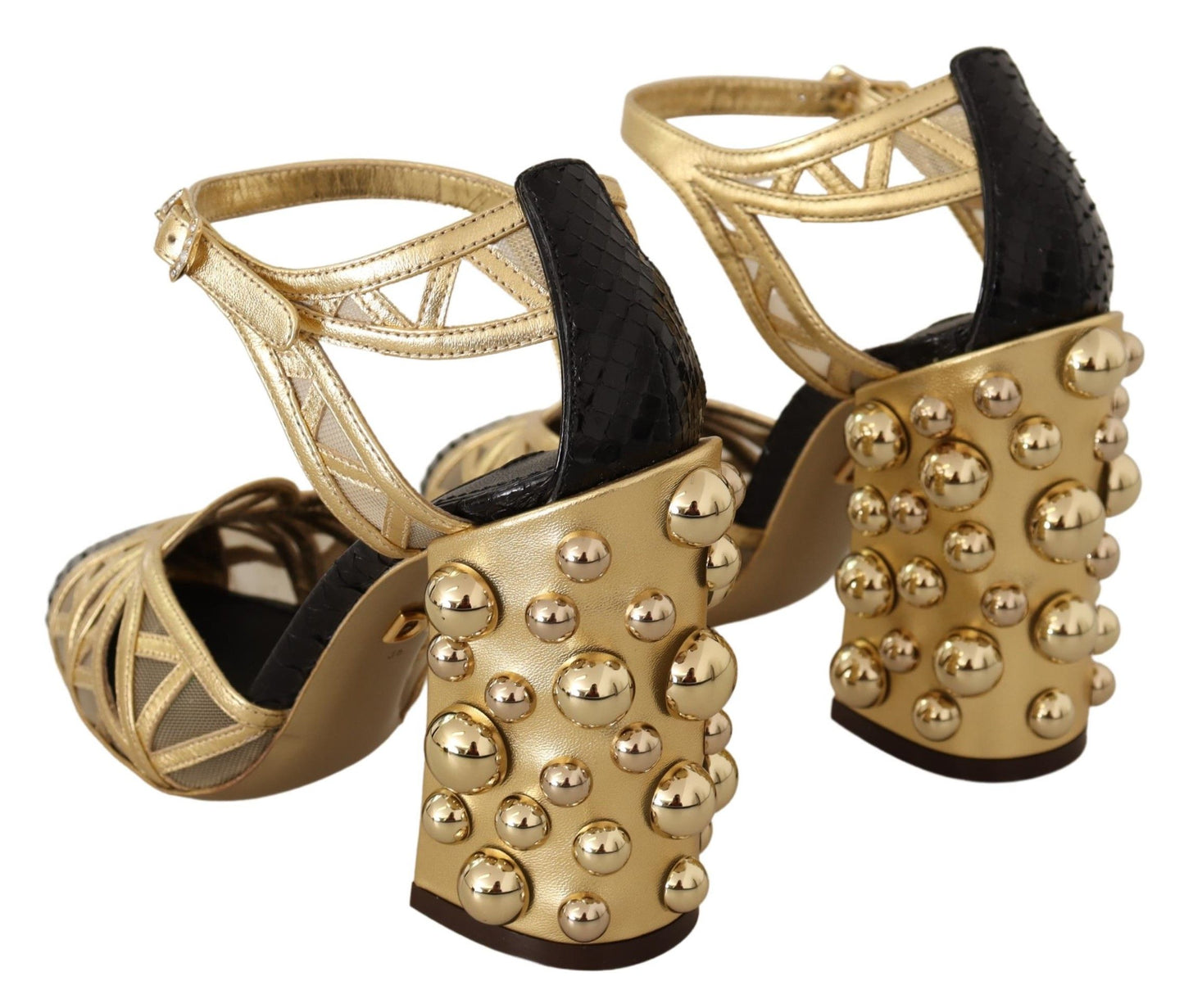 Dolce &amp; Gabbana Black Gold Leather Studded Ankle Straps Shoes