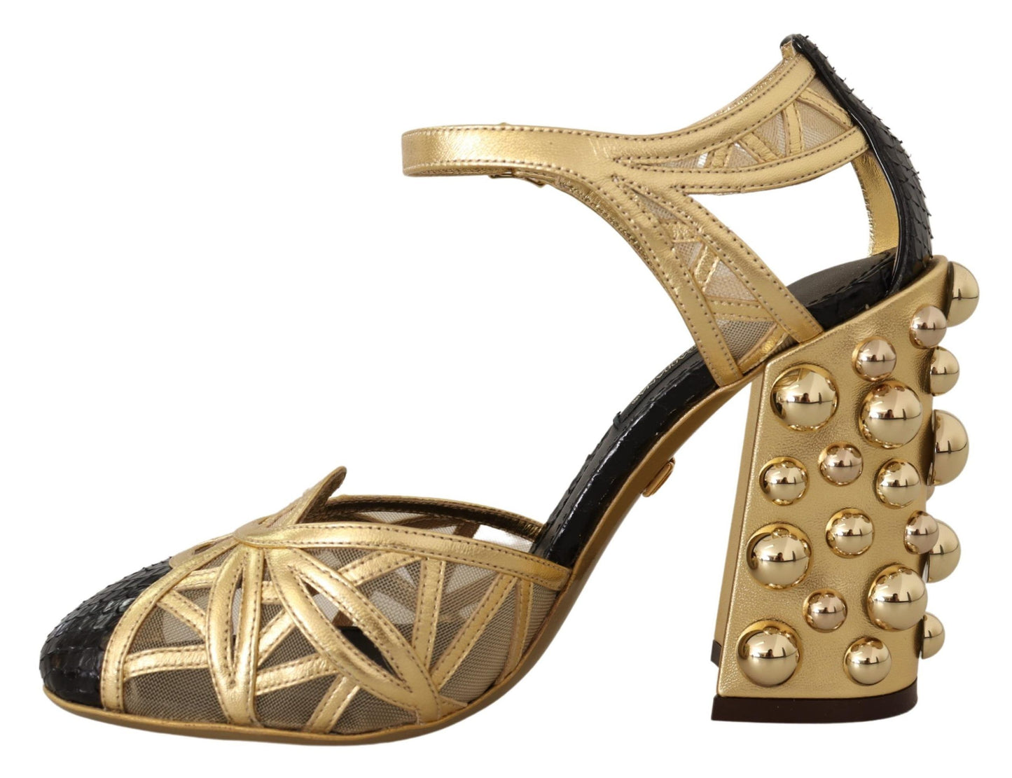 Dolce &amp; Gabbana Black Gold Leather Studded Ankle Straps Shoes