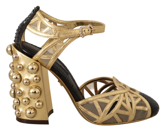 Dolce &amp; Gabbana Black Gold Leather Studded Ankle Straps Shoes