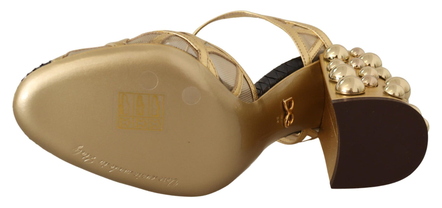 Dolce &amp; Gabbana Schwarzgoldene Leder-Schuhe mit Nieten und Knöchelriemen