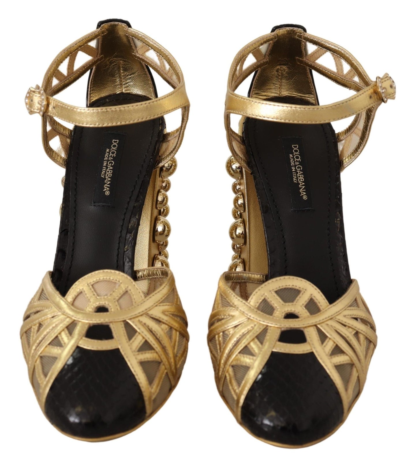 Dolce &amp; Gabbana Schwarzgoldene Leder-Schuhe mit Nieten und Knöchelriemen