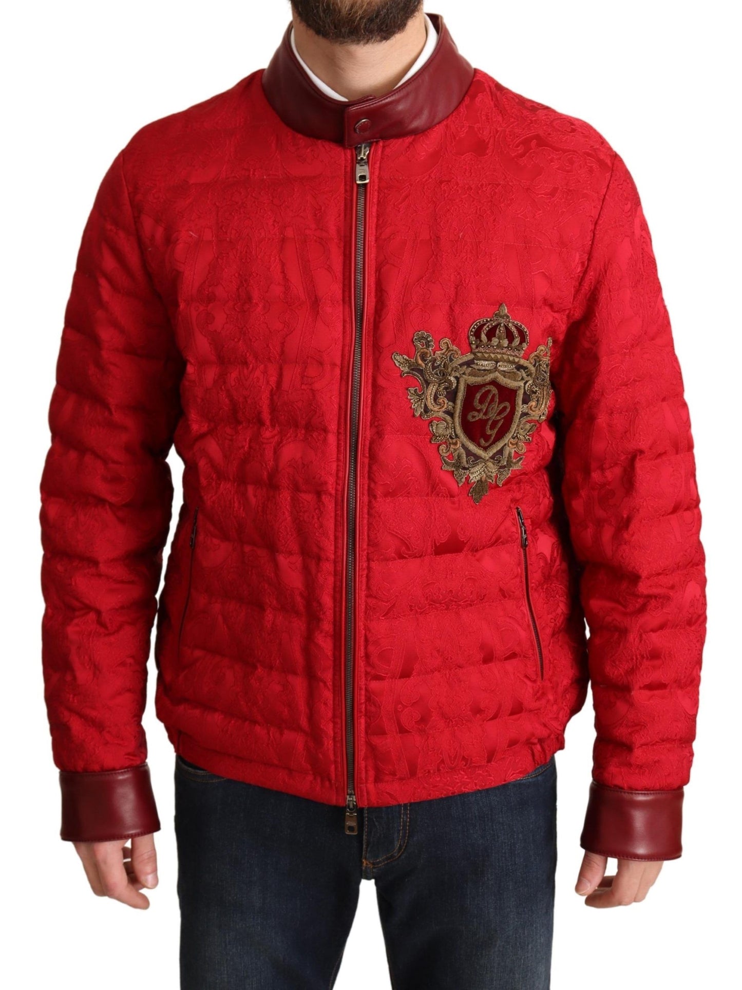 Dolce &amp; Gabbana Red Brocade Bomber Gold Crown Logo Coat Jacket