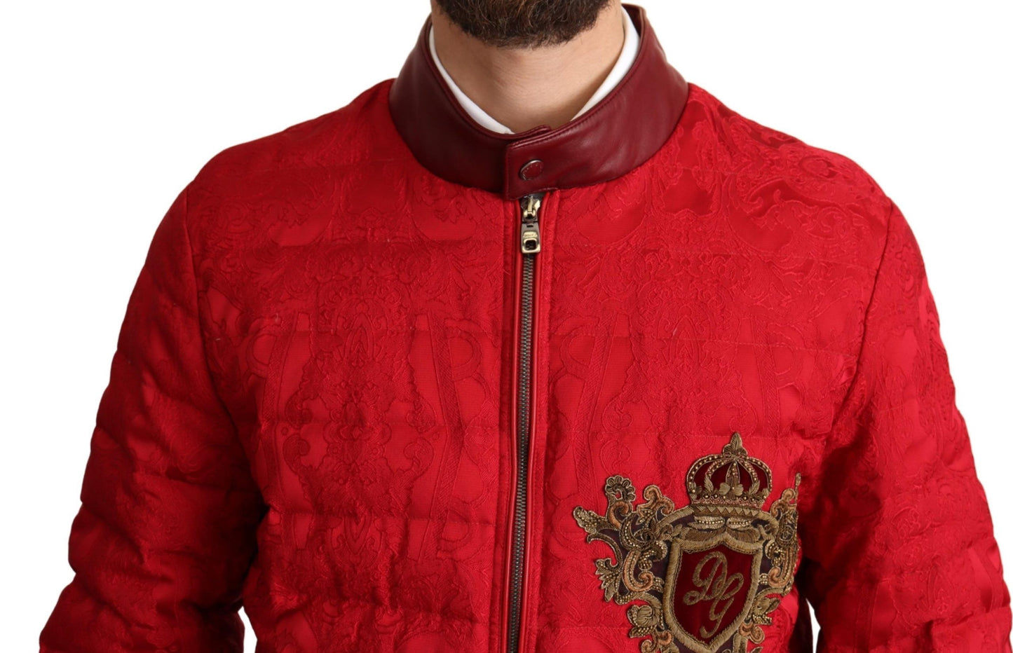 Dolce &amp; Gabbana Red Brocade Bomber Gold Crown Logo Coat Jacket