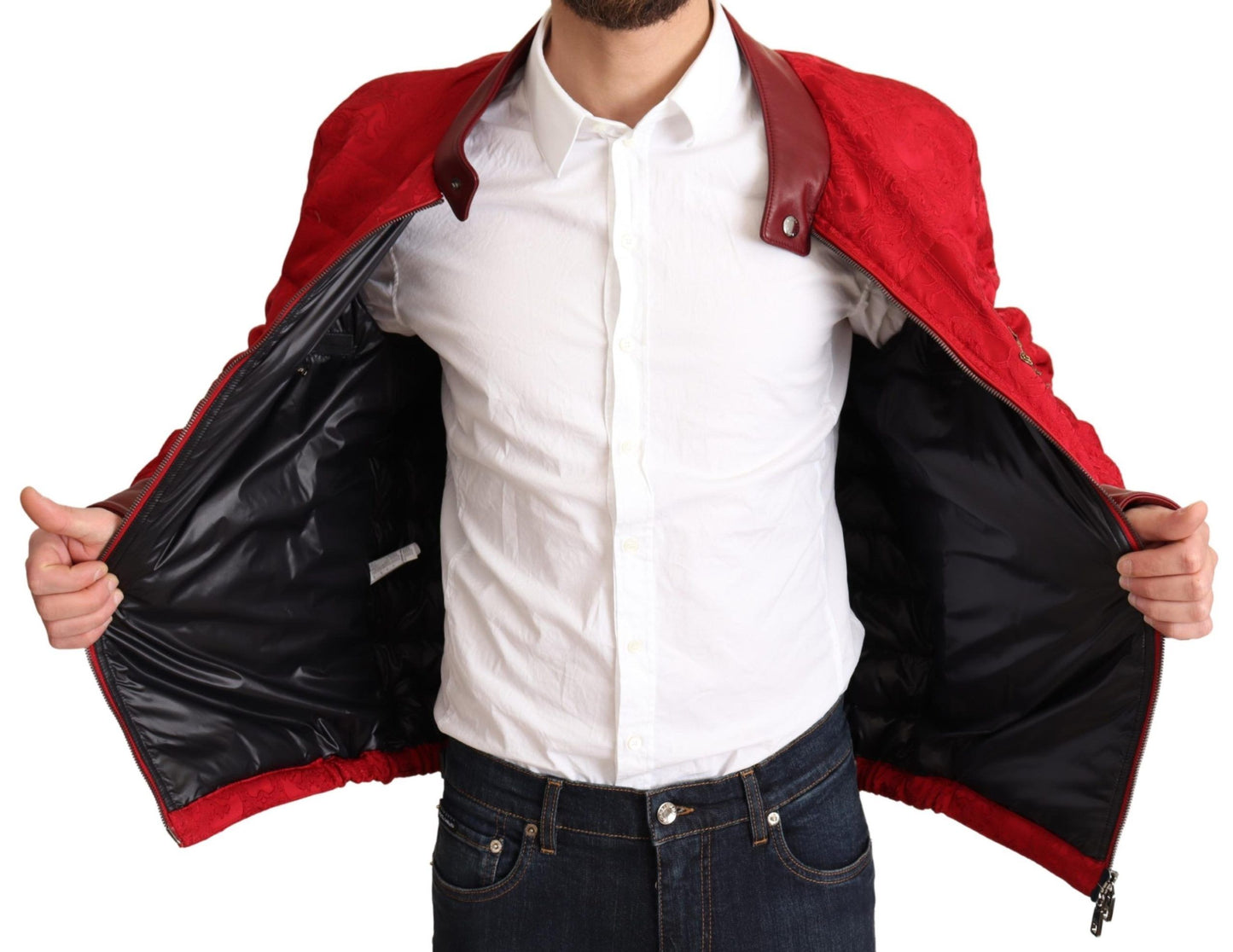 Dolce &amp; Gabbana Red Brocade Bomber Gold Crown Logo Coat Jacket